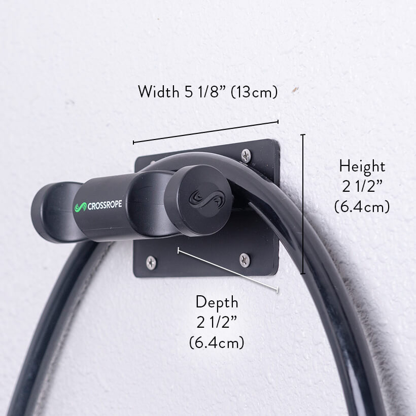 Get Strong Wall Mount Jump rope wall mount displaying dimensions for width (5 1/8"), depth (2 1/2"), and height (2 1/2")