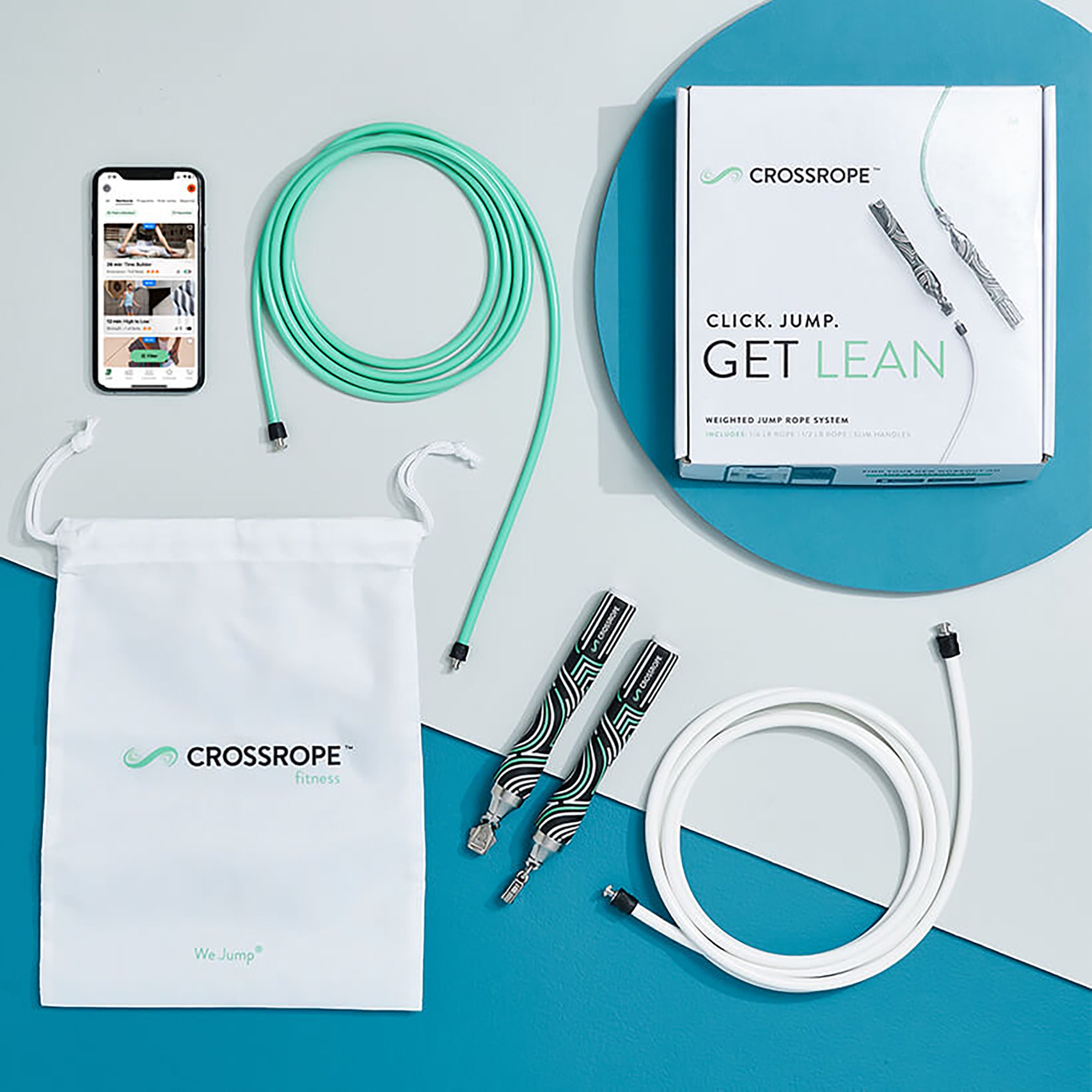 Get Lean Set What's included with a Crossrope Get Lean Set laid out on a blue and white background
