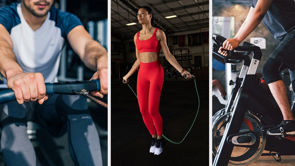 Image showing a man on a rowing machine, woman jumping rope, and person on an exercise bike.