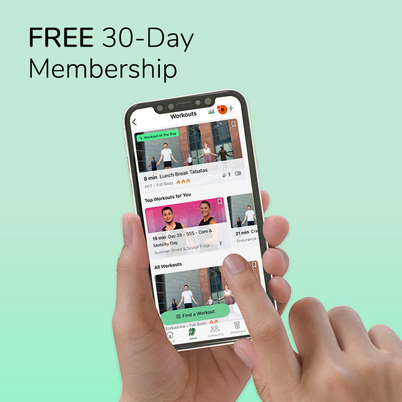 Hand holding a smartphone displaying a fitness app with 'Free 30-Day Membership' text on a light green background.