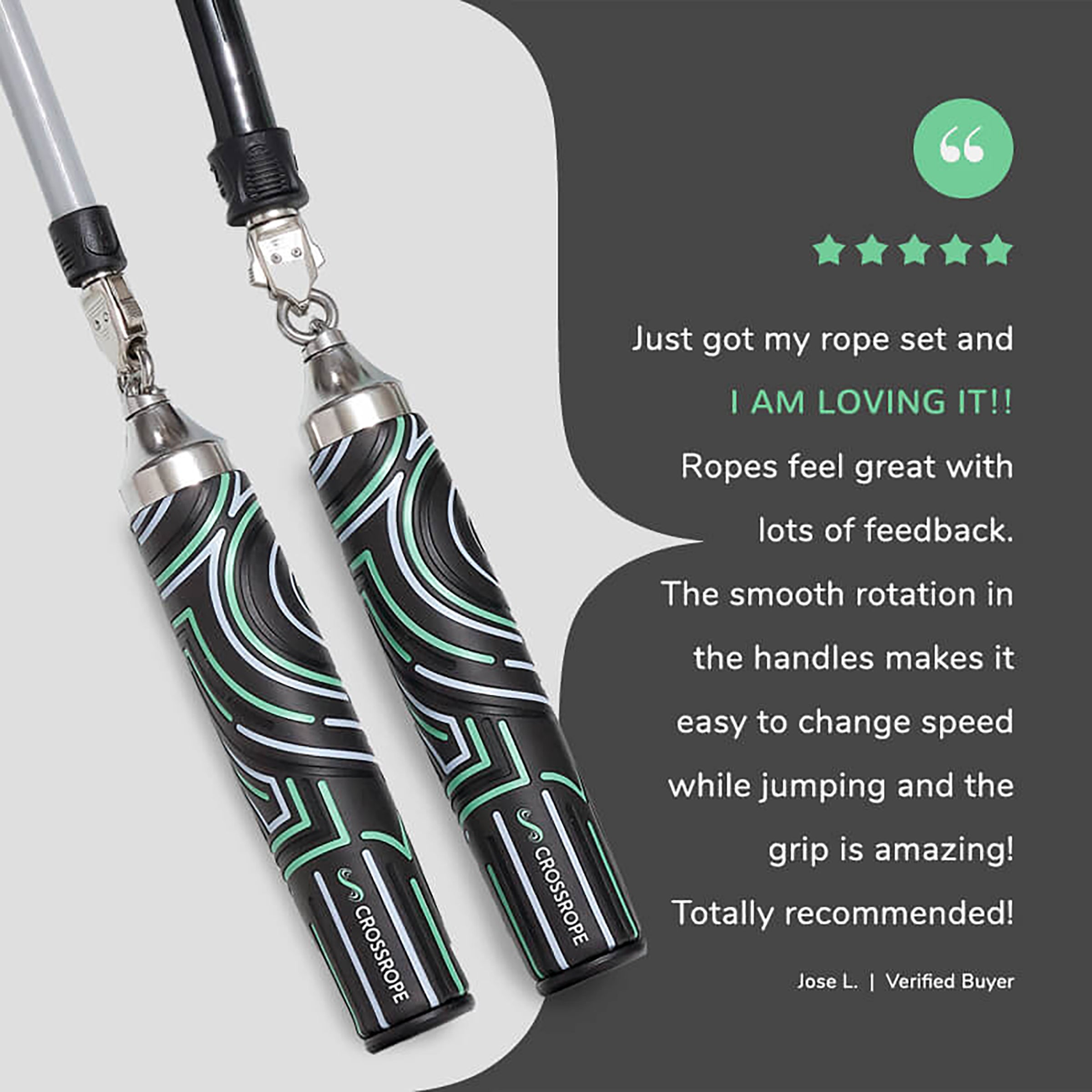 Get Strong Set Crossrope Power Handles connected to jump ropes with a 5 star quote on a dark gray background