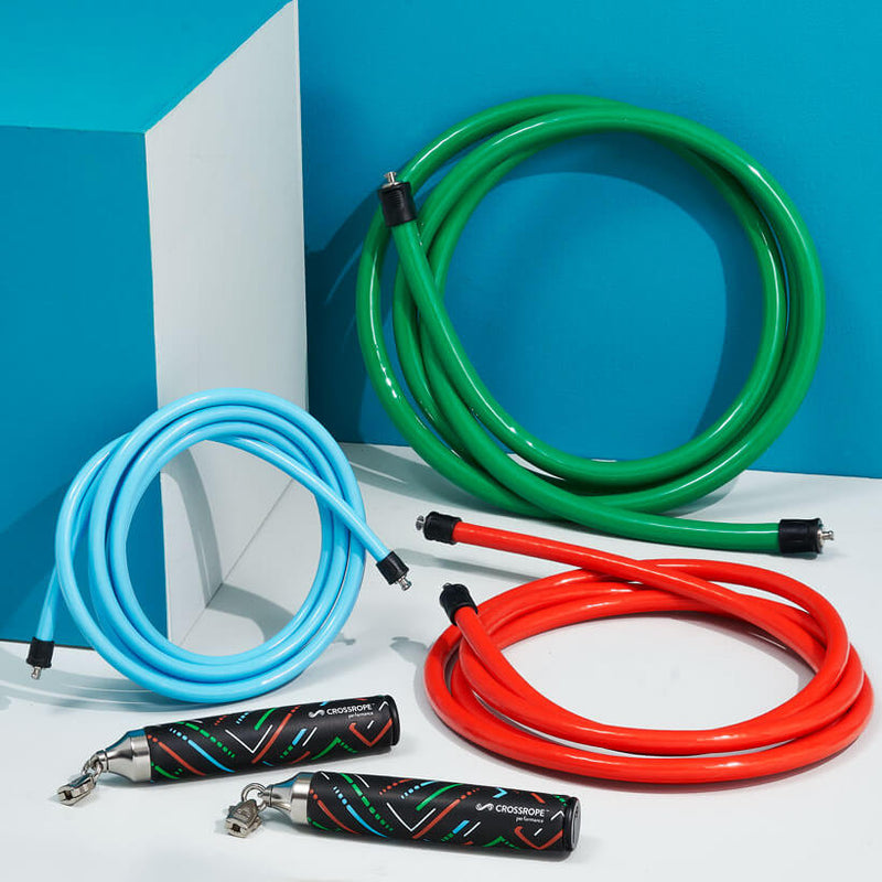 Heavy Performance Handles with a 3/4 LB, 1 1/2 LB and 3 LB rope on a blue and white background