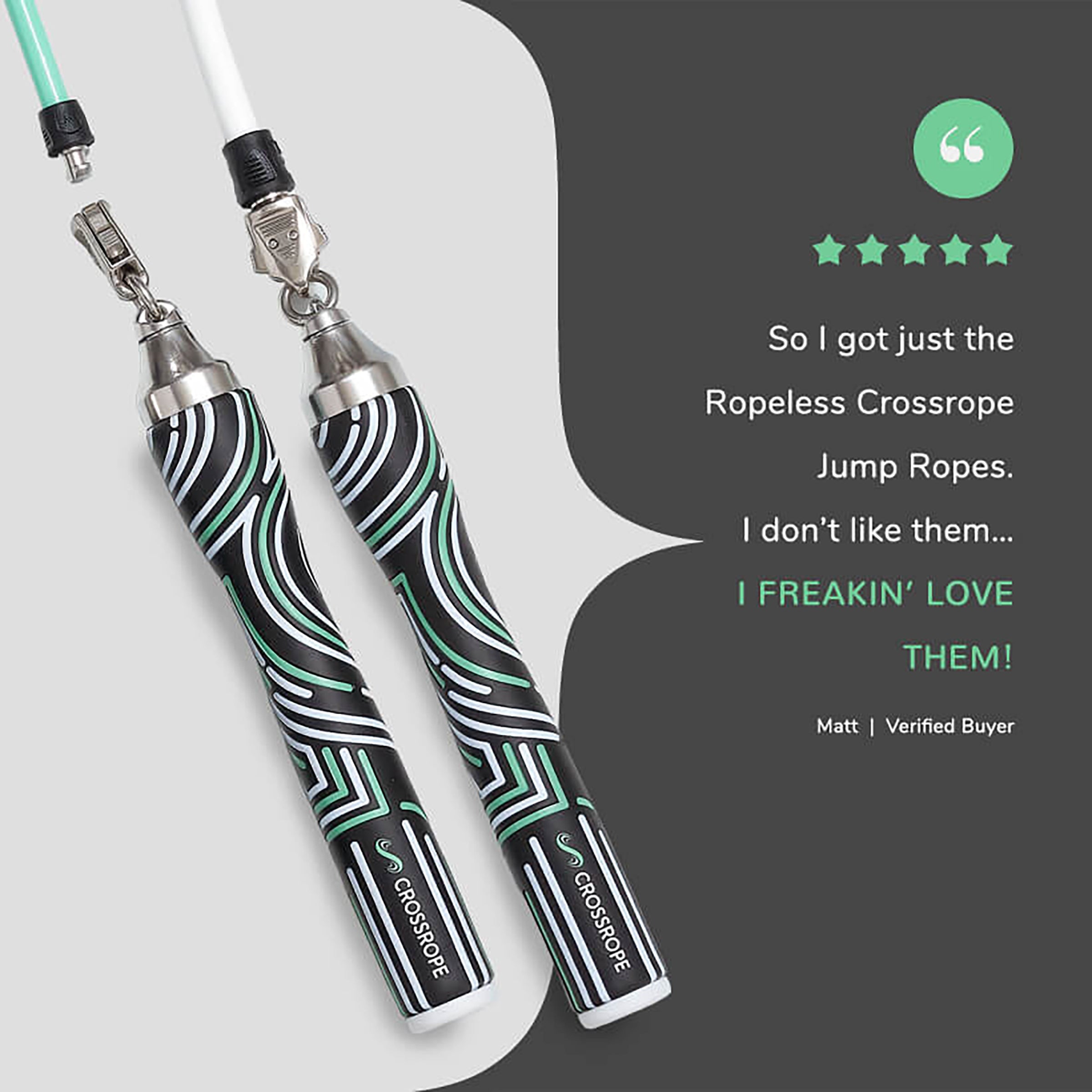 Ropeless Get Lean Set Pair of Crossrope Slim Handles with a five-star rating and customer review on a gray background